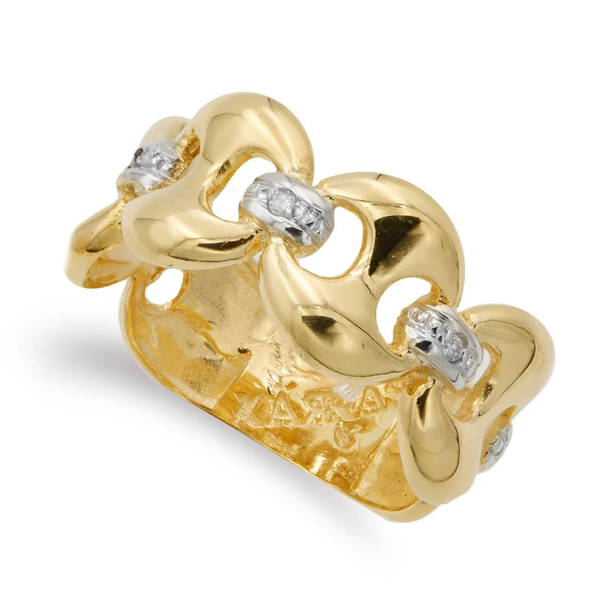 18K SORTIJA ORO BICOLOR MACIZA CON NUDOS Y CIRCONITA ANCHO 10 MM