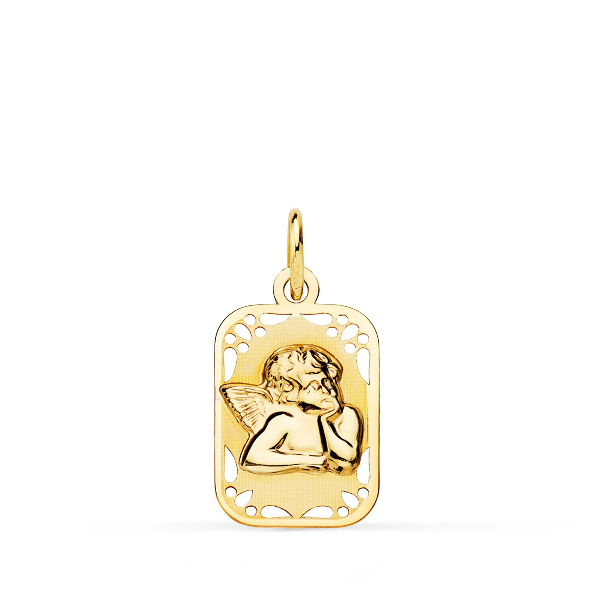 9K MEDALLA ORO AMARILLO RECTANGULAR ANGELITO BURLON BRILLO Y MATE 19X11 MM