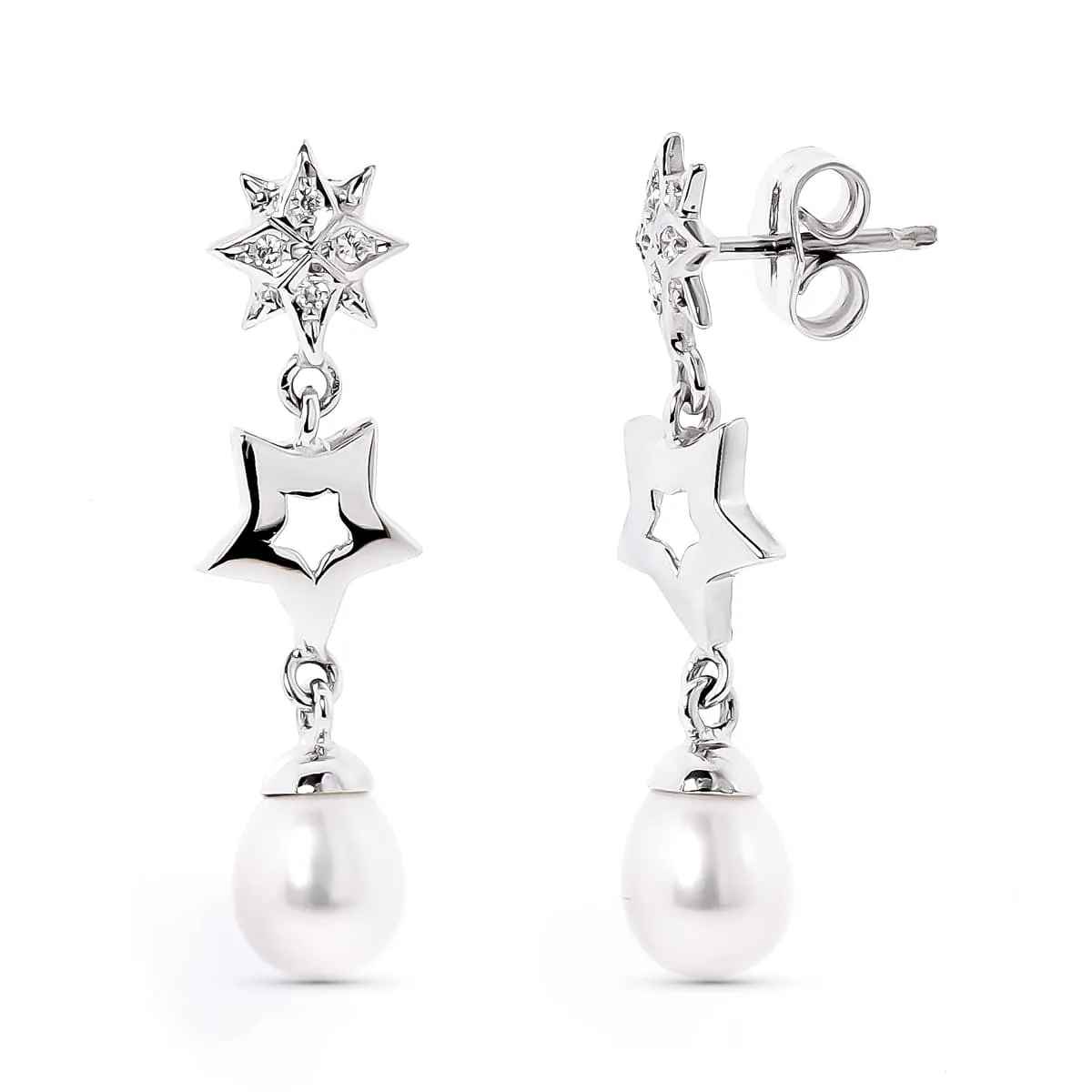 18K PENDIENTES LARGOS PRESION ORO BLANCO ESTRELLAS CON CIRCONITA Y PERLA