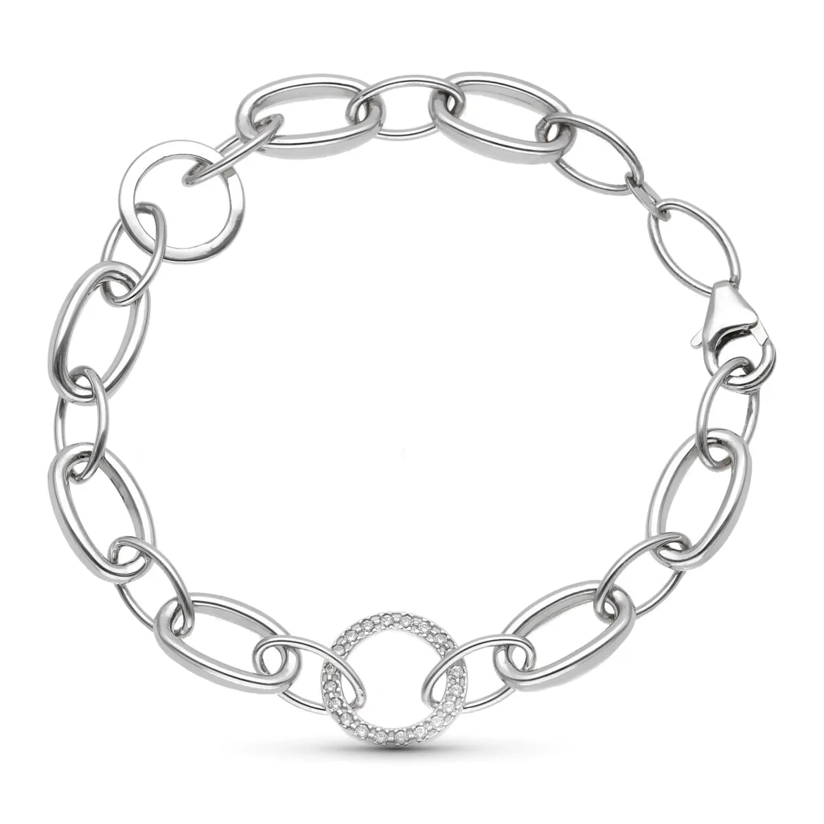 18K PULSERA ORO BLANCO ESLABON OVAL Y CIRCULAR CON CIRCONITA 18.5 CM