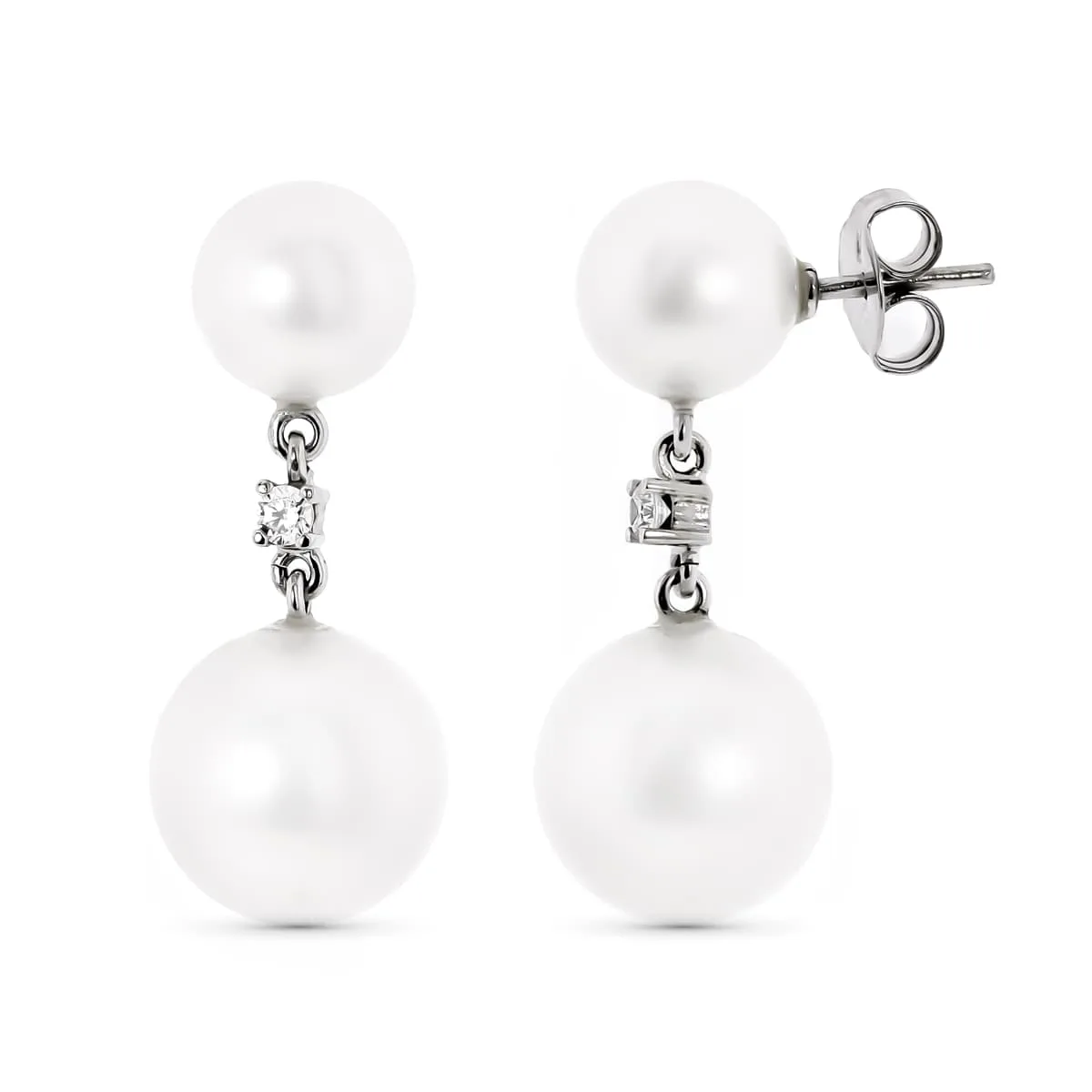 18K PENDIENTES ORO BLANCO CON PERLA REDONDAS DE 10 Y 14 MM CIERRE PRESION