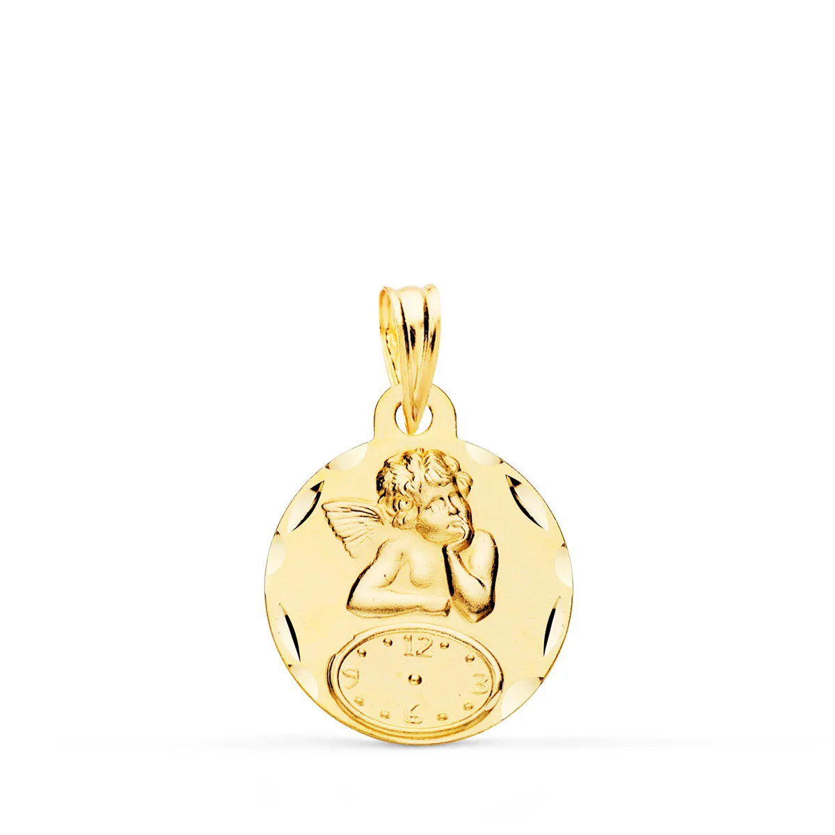 18K MEDALLA ORO AMARILLO REDONDA ANGELITO BURLON CON RELOJ TALLADA 15 MM