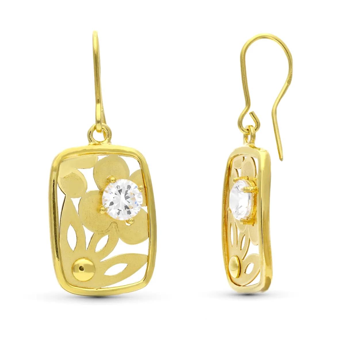 18K PENDIENTES ORO AMARILLO FLOR LASER CON CIRCONITA 22X14 MM CIERRE GANCHO