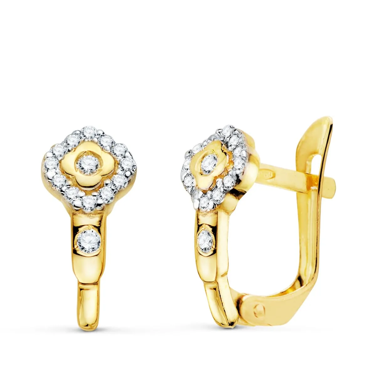 18K PENDIENTES ORO BICOLOR ROMBO CON CIRCONITA 13X6 MM CIERRE CATALAN