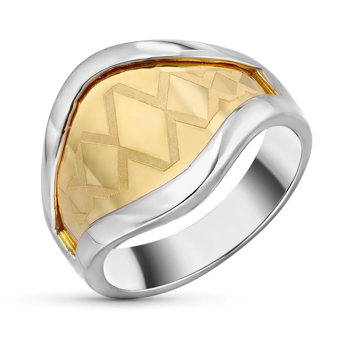 18K SORTIJA ORO BICOLOR EN BRILLO MOTIVO MATIZADO. ANCHO: 15,5 MM