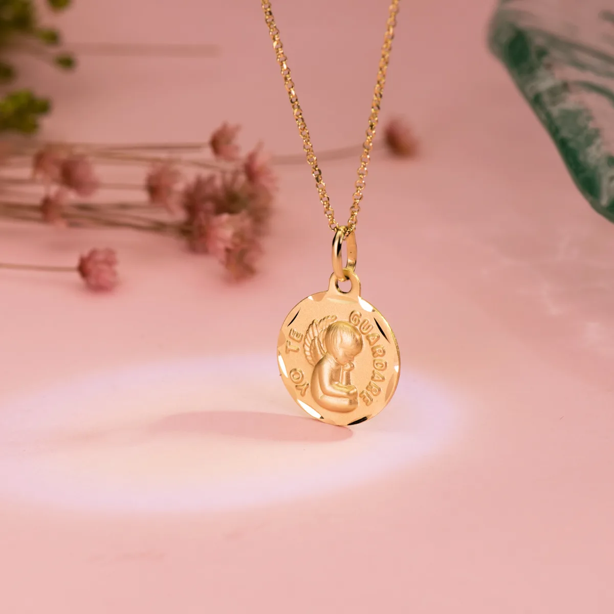 18K MEDALLA ORO AMARILLO TALLADA ANGEL " YO TE GUARDARE " 14 MM — vista 2