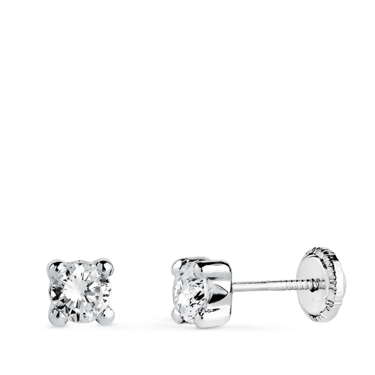18K PENDIENTES ORO BLANCO CIRCONITA 4MM CON 4 GARRAS. ANCHO: 4,5 MM. CIERRE TUERCA
