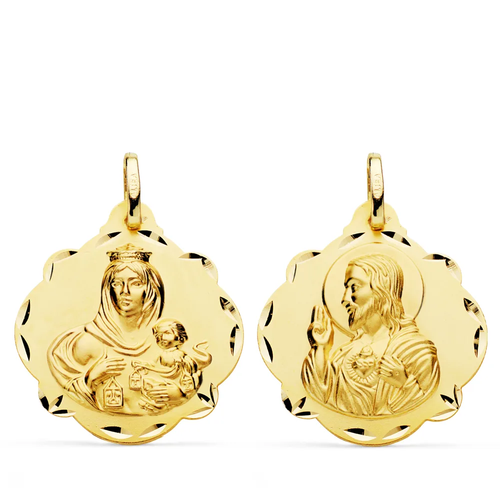 18K ESCAPULARIO ORO AMARILLO VIRGEN DEL CARMEN Y CORAZON DE JESUS 24 MM