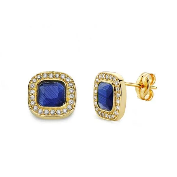 18K PENDIENTES ORO AMARILLO PIEDRA AZUL 9X9 MM CIERRE PRESION