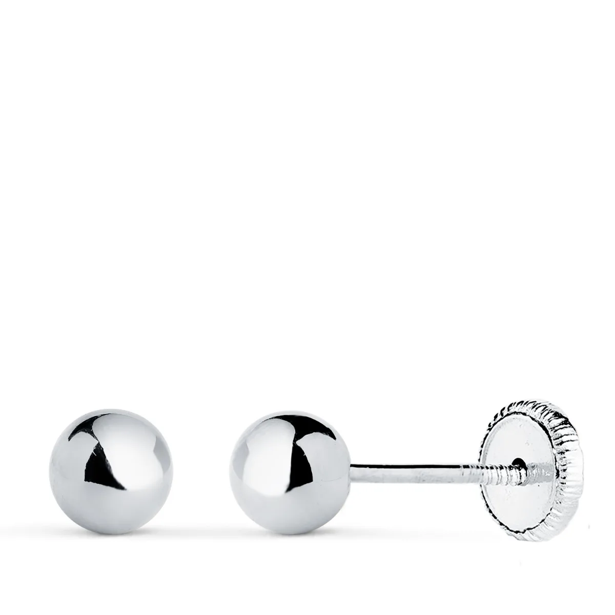 18K PENDIENTES ORO BLANCO BOLA LISA BRILLA HUECA. ANCHO: 5 MM. CIERRE TUERCA