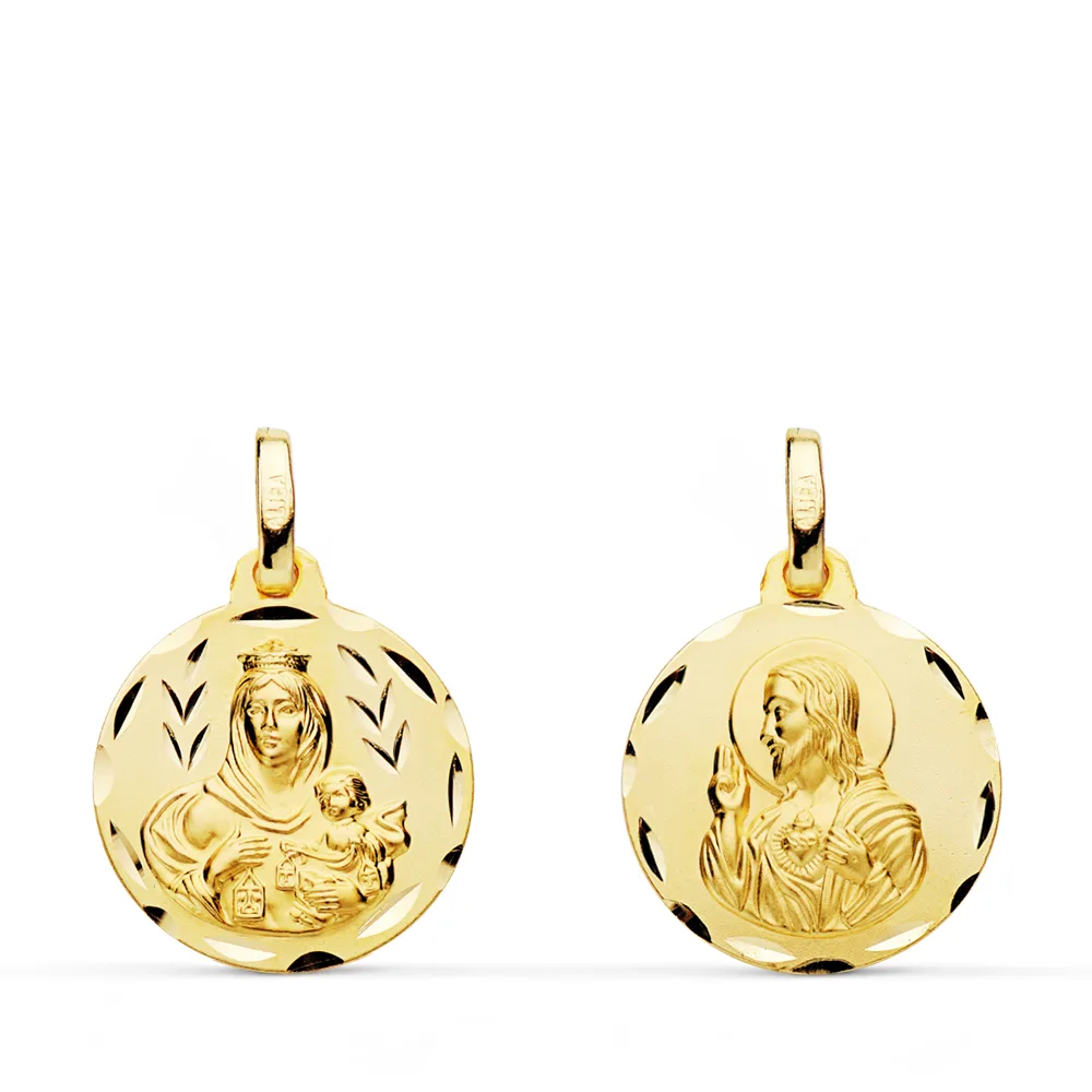 18K ESCAPULARIO ORO AMARILLO TALLADO VIRGEN DEL CARMEN CORAZON DE JESUS 16 MM