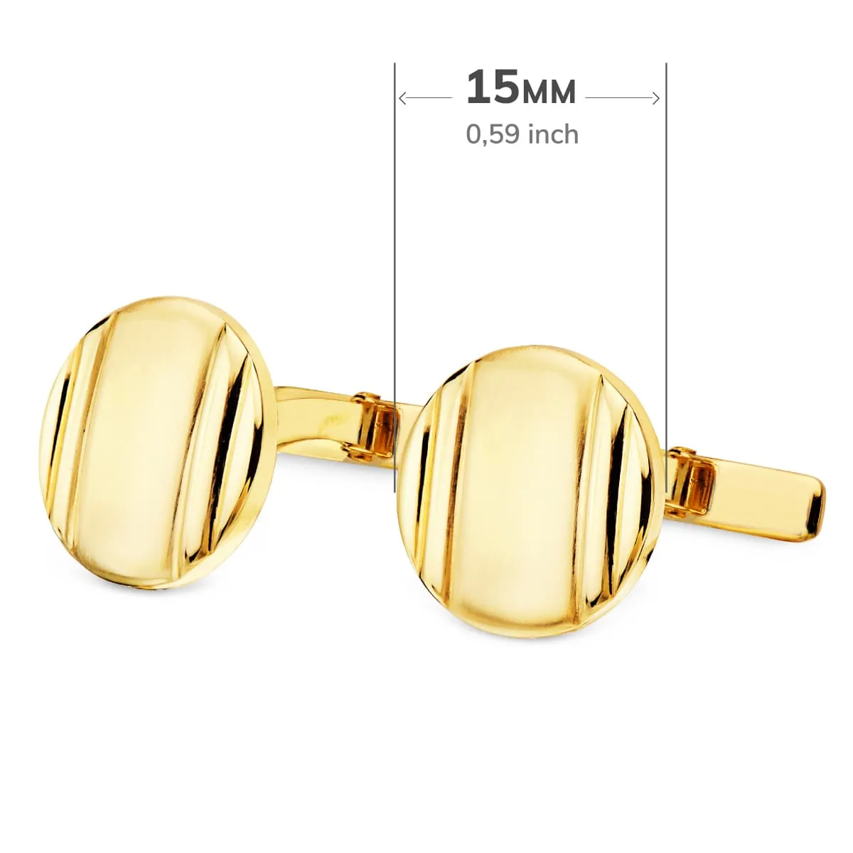 18K GEMELOS ORO AMARILLO REDONDOS MATE y BRILLO 15 MM CIERRE RIGIDO OSCILANTE — vista 3
