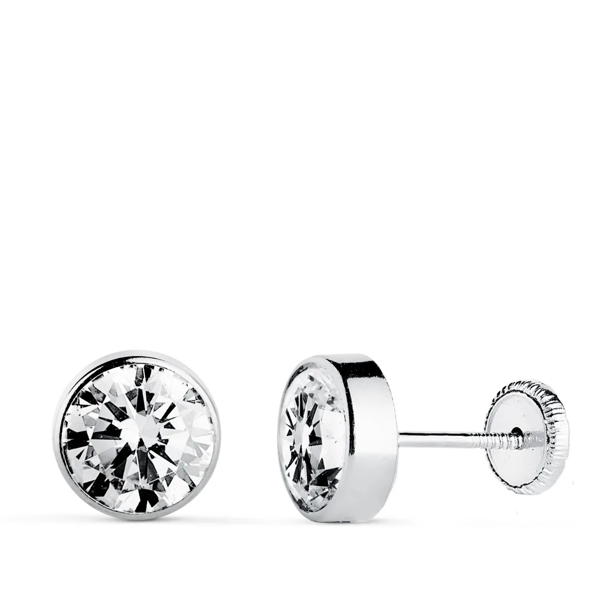 18K PENDIENTES CIRCONITA CHATON REDONDOS 7 MM ORO BLANCO CIERRE TUERCA