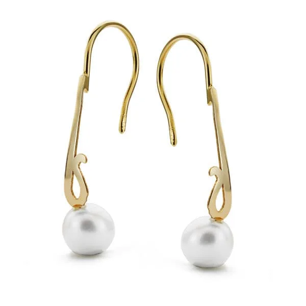 18K PENDIENTES LARGOS PERLA ORO AMARILLO 25X6 MM CIERRE GANCHO