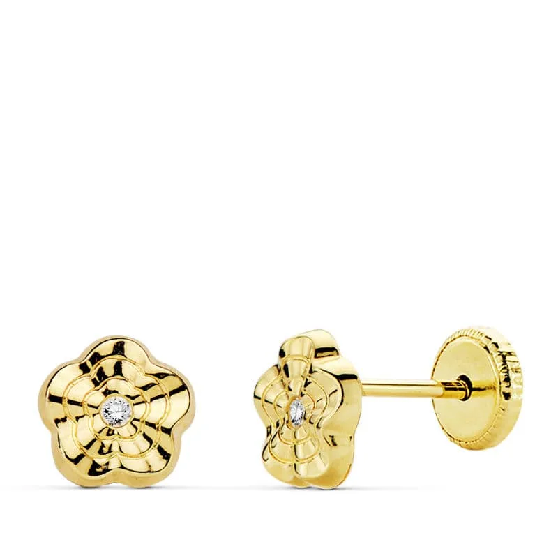 18K PENDIENTES ORO AMARILLO FLOR ONDAS 6X6 MM CIERRE TUERCA