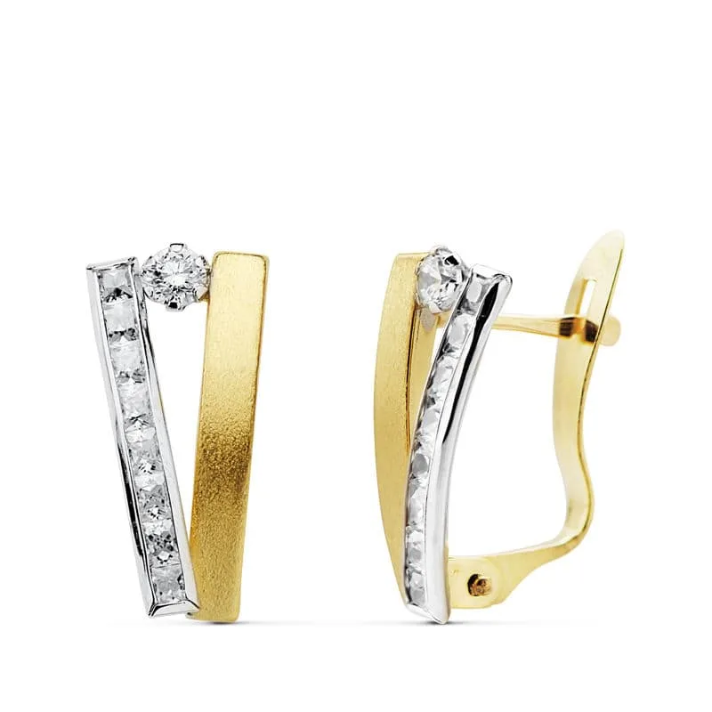 18K PENDIENTES ORO BICOLOR BANDAS 13X6 MM CIERRE CATALAN