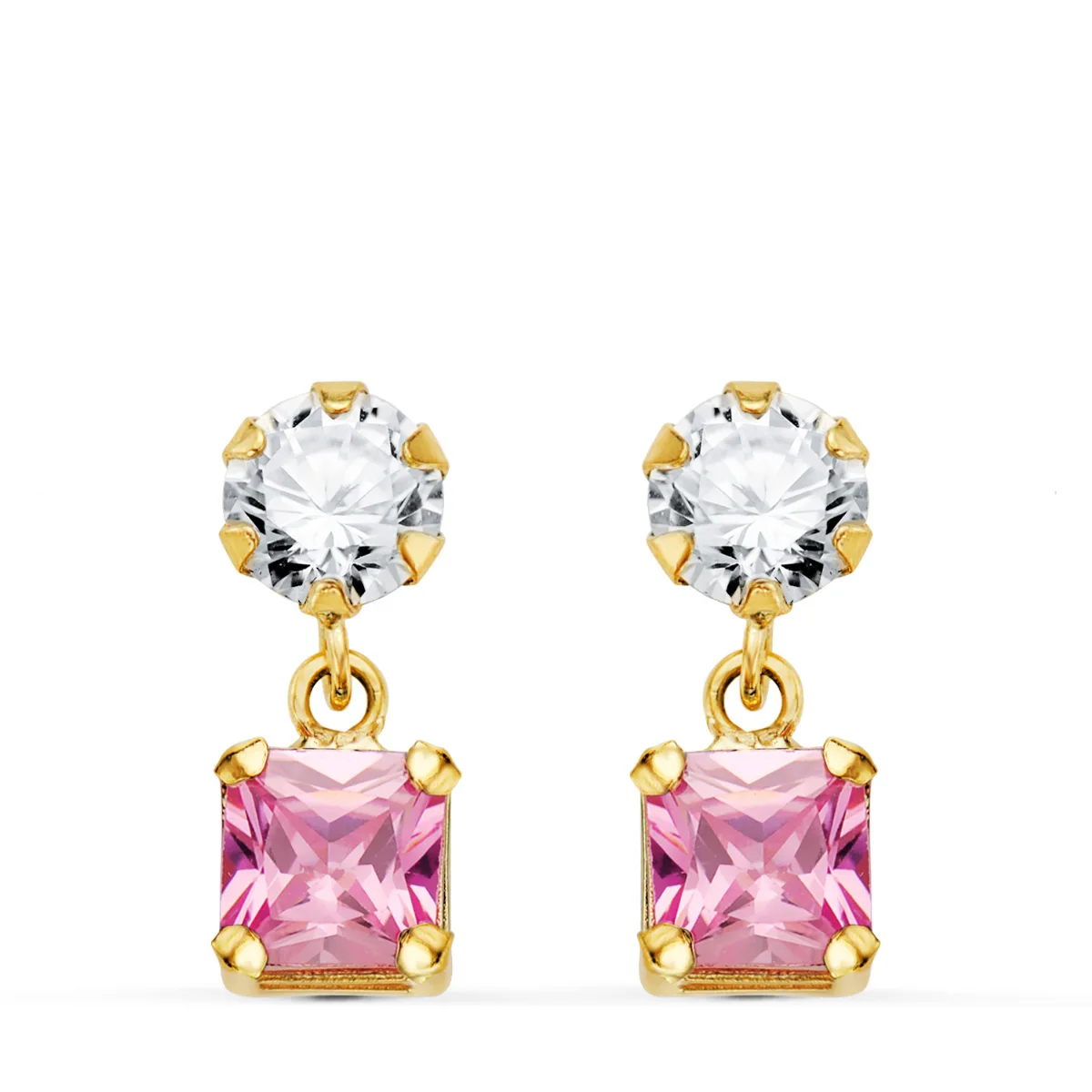 18K PENDIENTES ORO AMARILLO DOS CUERPOS CON CIRCONITA Y PIEDRA ROSA CUADRADA 14 X 5MM. CIERRE PRESION