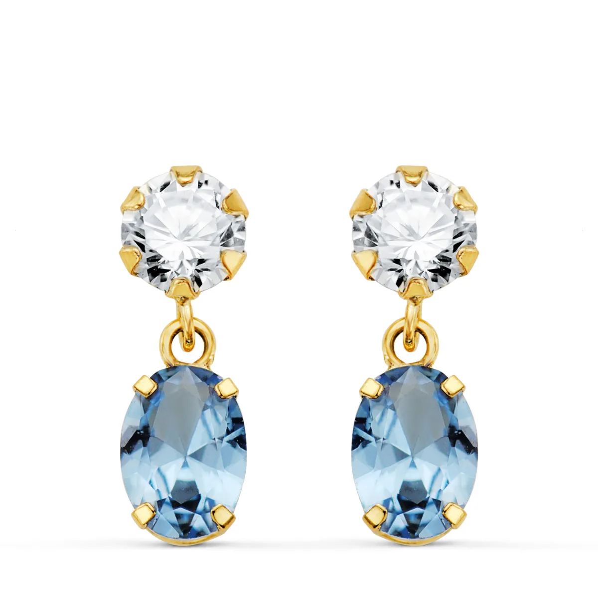 18K PENDIENTES ORO AMARILLO DOS CUERPOS CON CIRCONITA Y AGUAMARINA OVAL 16 X 5MM. CIERRE PRESION