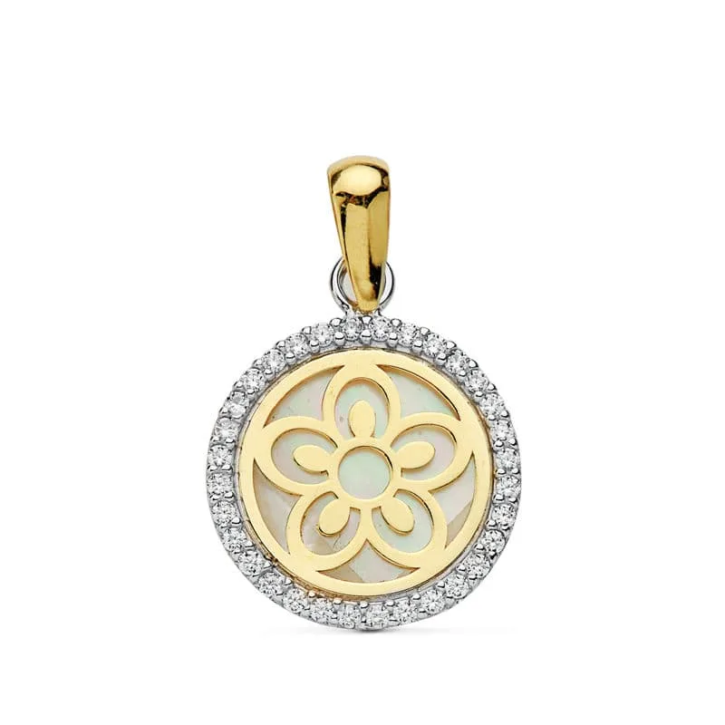 18K COLGANTE AMULETO BICOLOR FLOR NACAR 12 MM