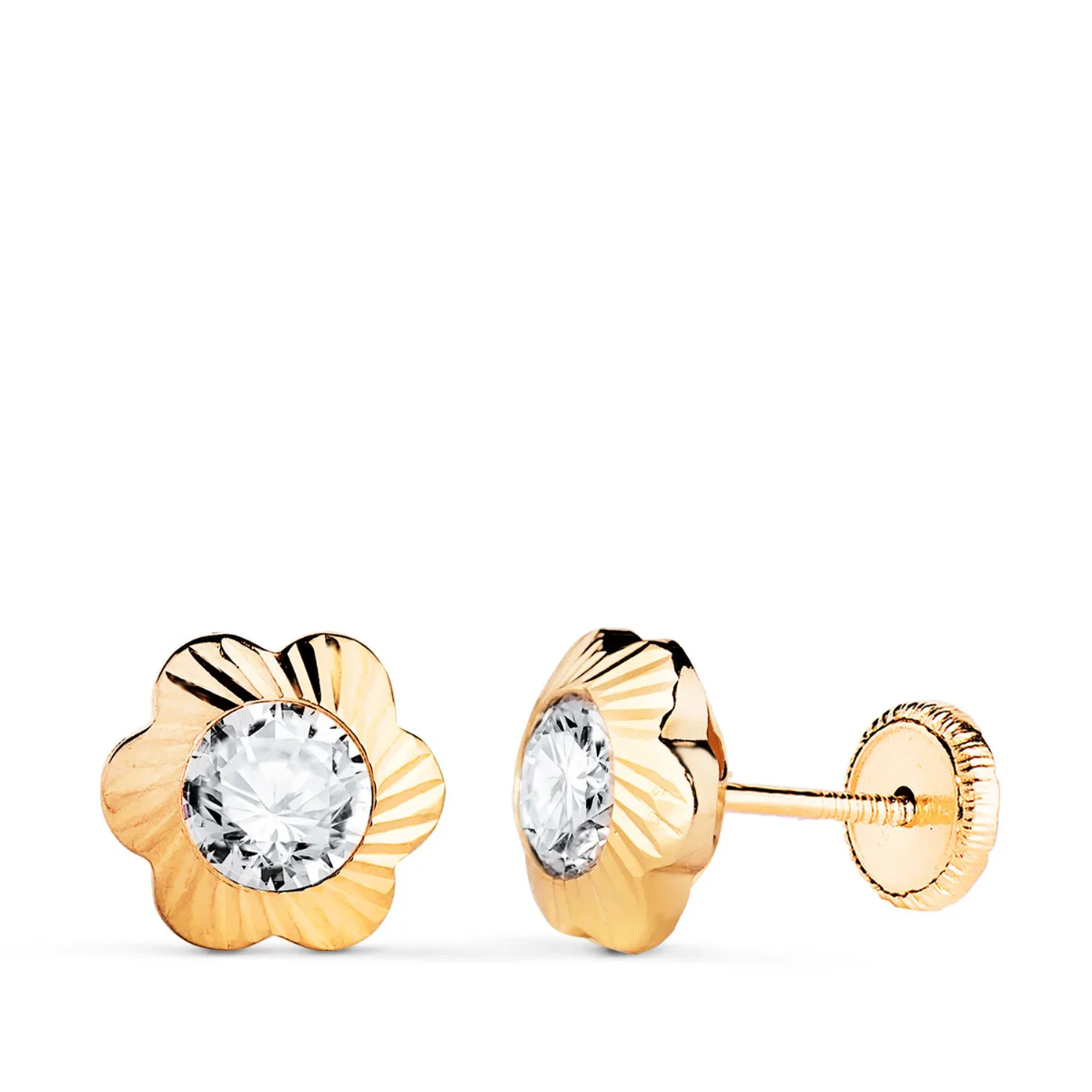 18K PENDIENTES ORO AMARILLO CHATON FLOR ORLA TALLADA CIRCONITA. MEDIDA: 9MM CIERRE TUERCA