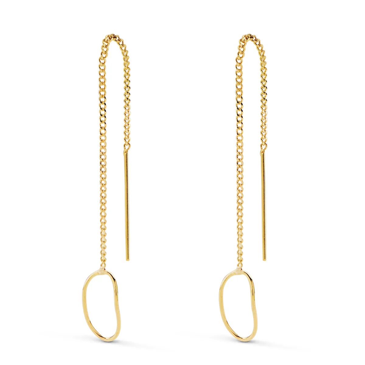 18K PENDIENTES ORO AMARILLO LARGOS CON CADENA Y MOTIVO OVAL. LARGO 76 MM