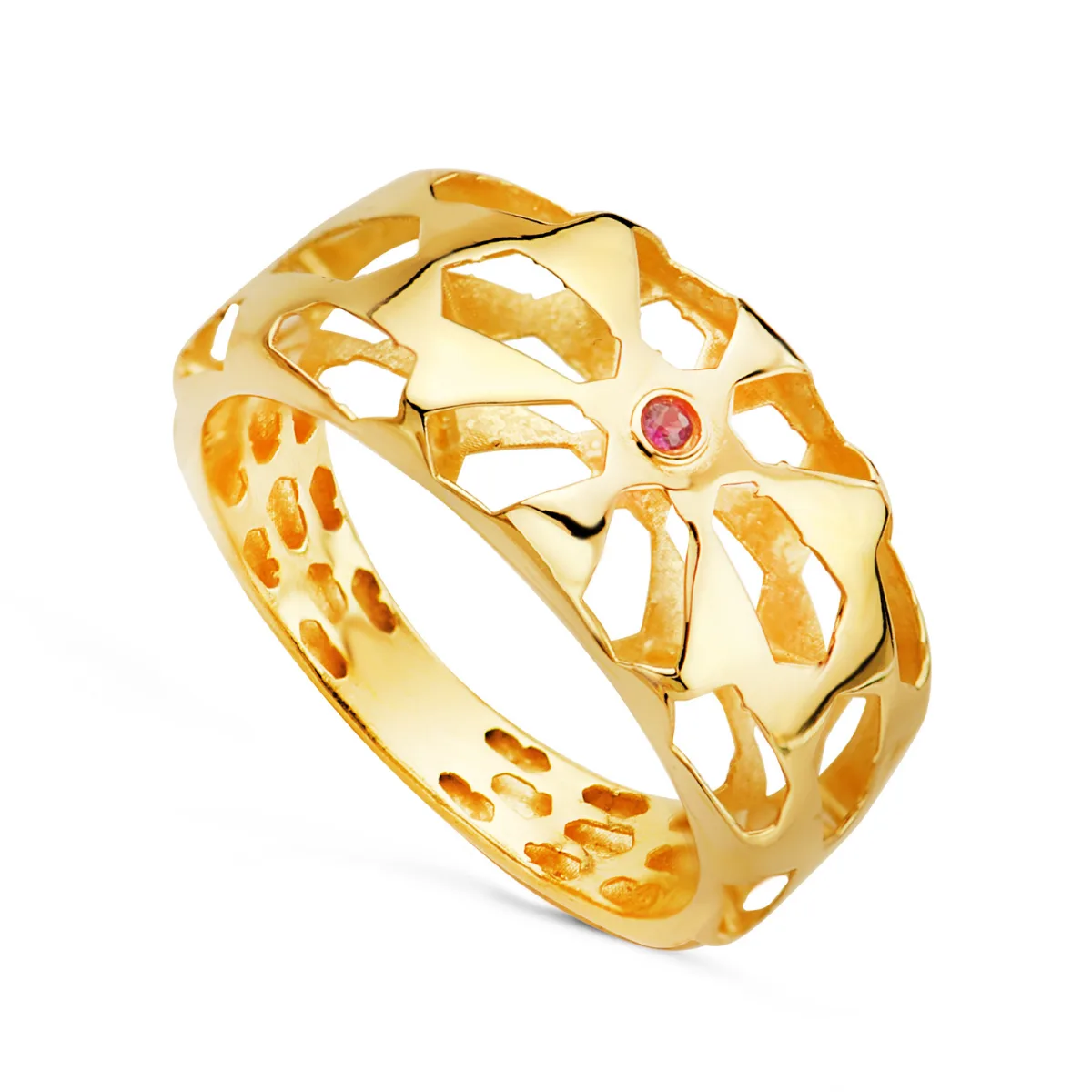 18K SORTIJA ORO AMARILLO FILIGRANA CALADA Y RUBI NATURAL. ANCHO: 10 MM