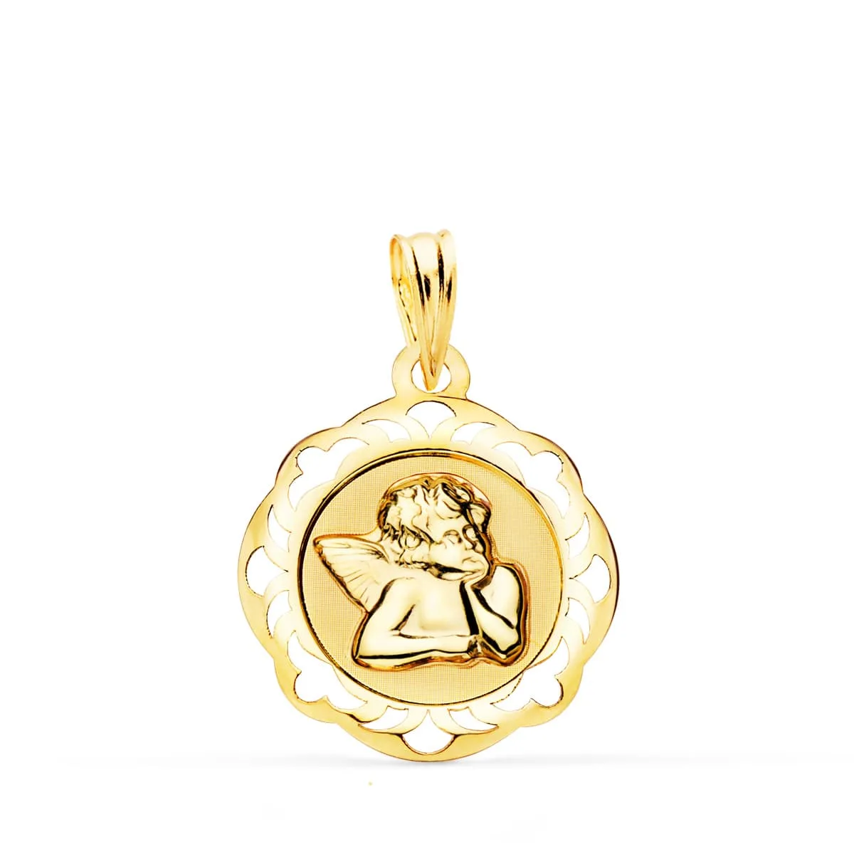 18K MEDALLA ORO AMARILLO ANGELITO BURLON BRILLO CON CERCO CALADO 17X17 MM