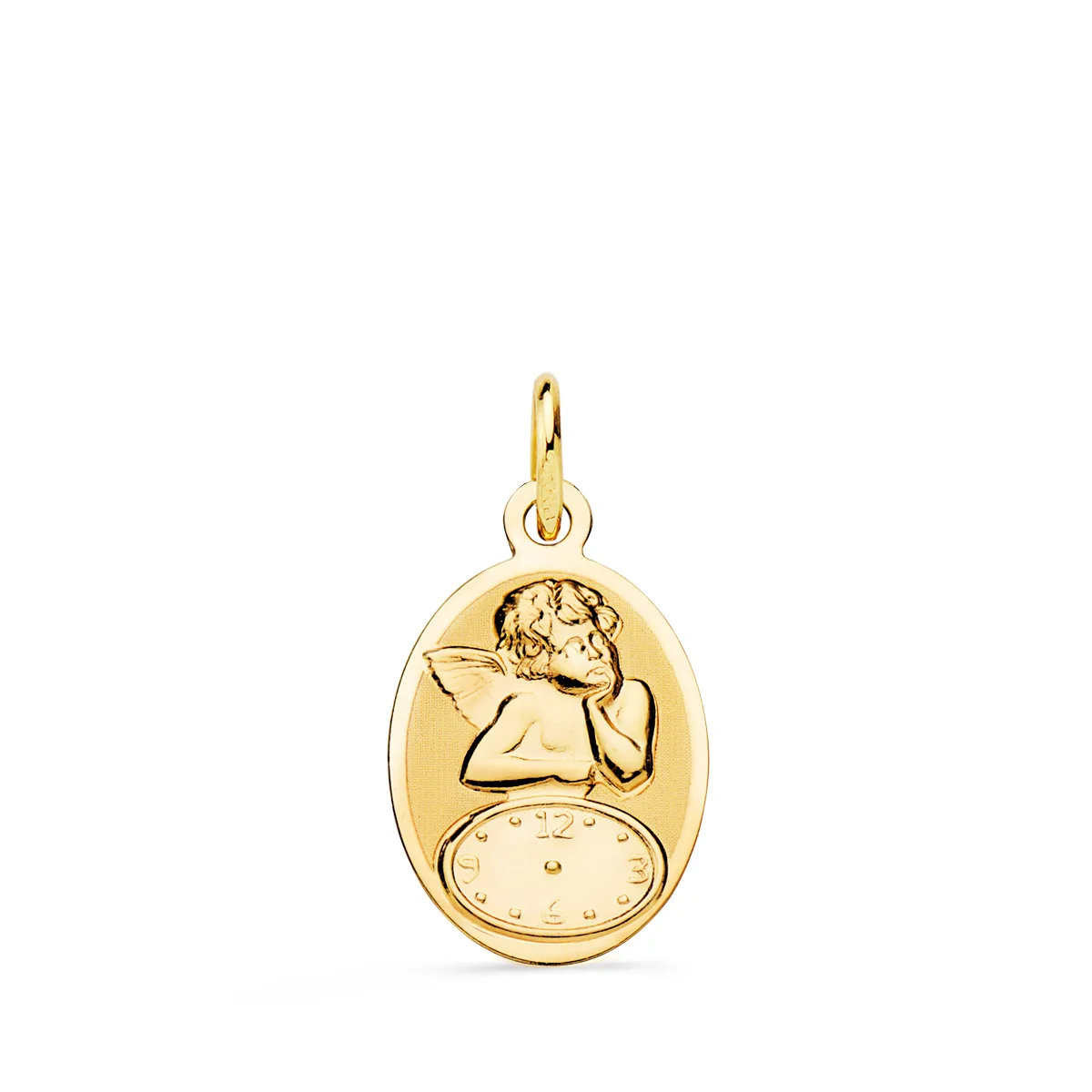 18K MEDALLA ORO AMARILLO OVAL ANGELITO BURLON CON RELOJ BRILLO Y MATE 19X12 MM