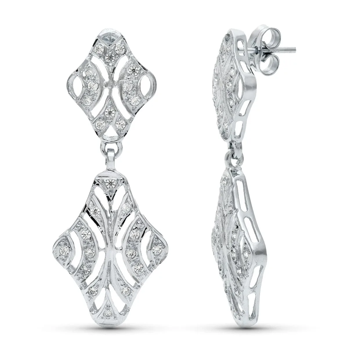 18K PENDIENTES ORO BLANCO DOBLE CUERPO JUEGO NOVIA CIRCONITA 40X15 MM PRESION
