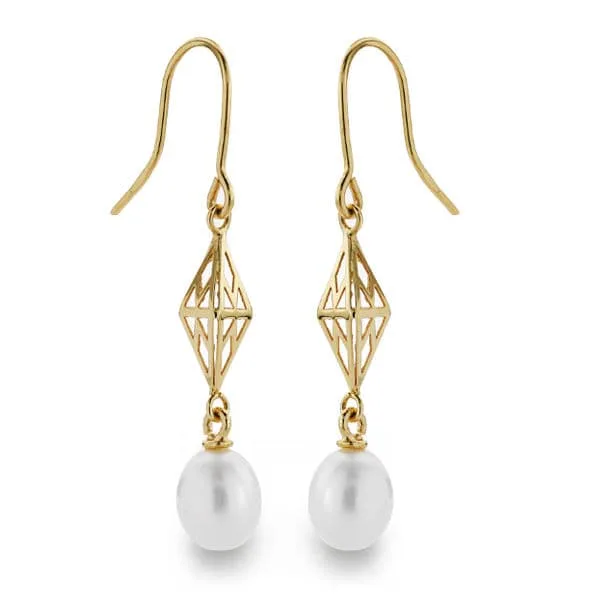 18K PENDIENTES PERLA GANCHO ORO AMARILLO 40X7 MM CIERRE GANCHO
