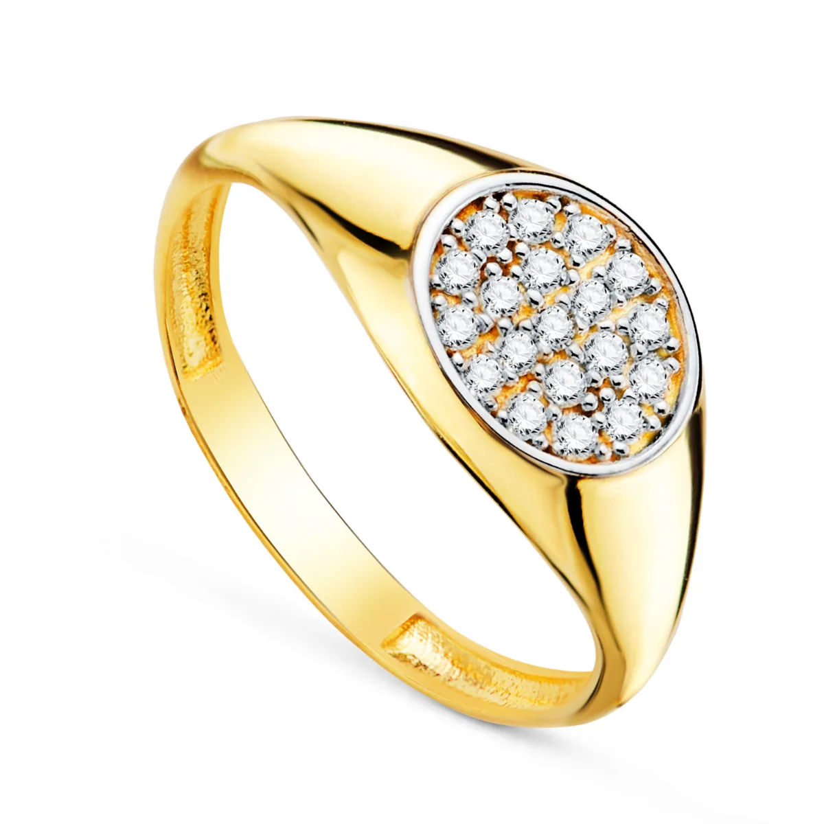 18K SELLO ORO BICOLOR CABEZA OVAL CON CIRCONITA EN BRILLO. MEDIDA: 9 X 8 MM.