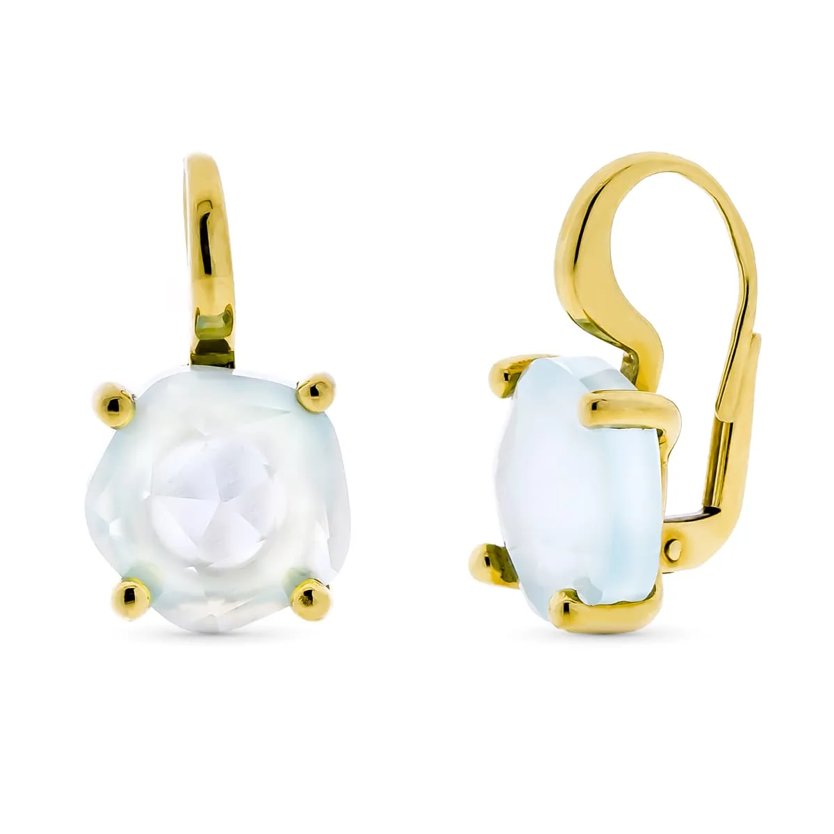 18K PENDIENTES ORO AMARILLO PIEDRA AZUL 12 MM GARRAS CIERRE CATALAN