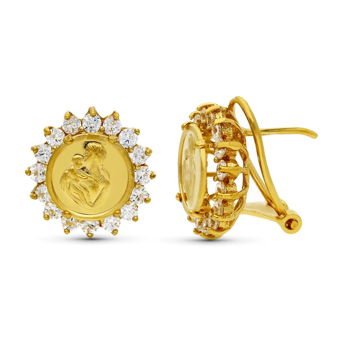 18K PENDIENTES ORO AMARILLO MADRE REDONDOS 15X15 MM CIERRE OMEGA