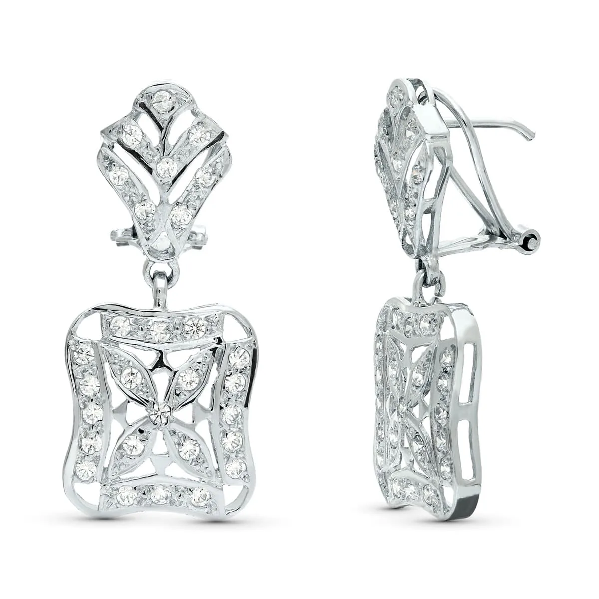 18K PENDIENTES ORO BLANCO JUEGO NOVIA DOBLE CUERPO 33X14 MM CIERRE OMEGA