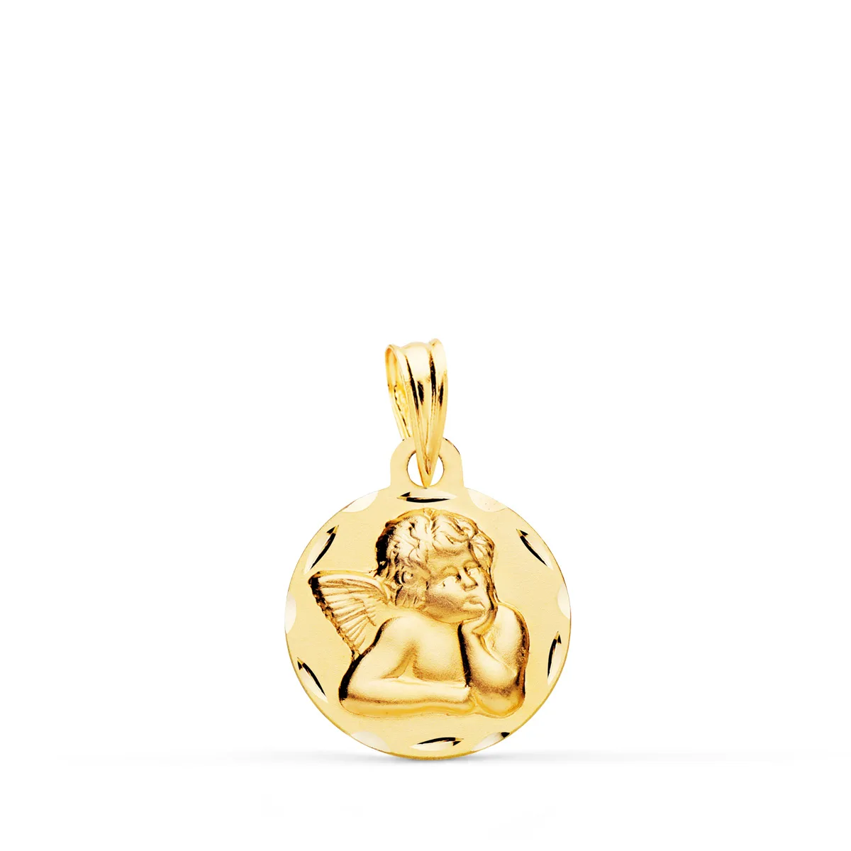 9K MEDALLA ORO AMARILLO REDONDA ANGELITO BURLON TALLADA 14 MM