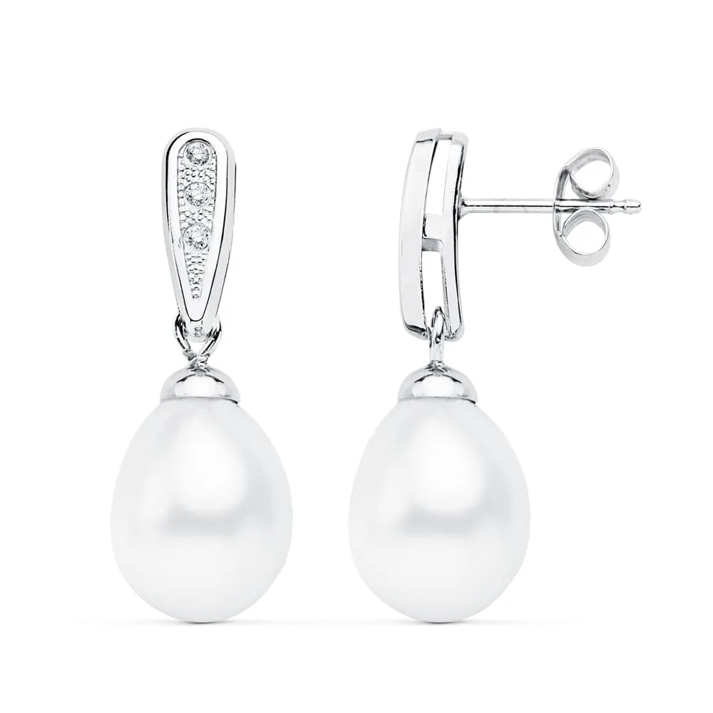 18K PENDIENTES ORO BLANCO DE NOVIA CON PERLA 24X9 MM CIERRE PRESION