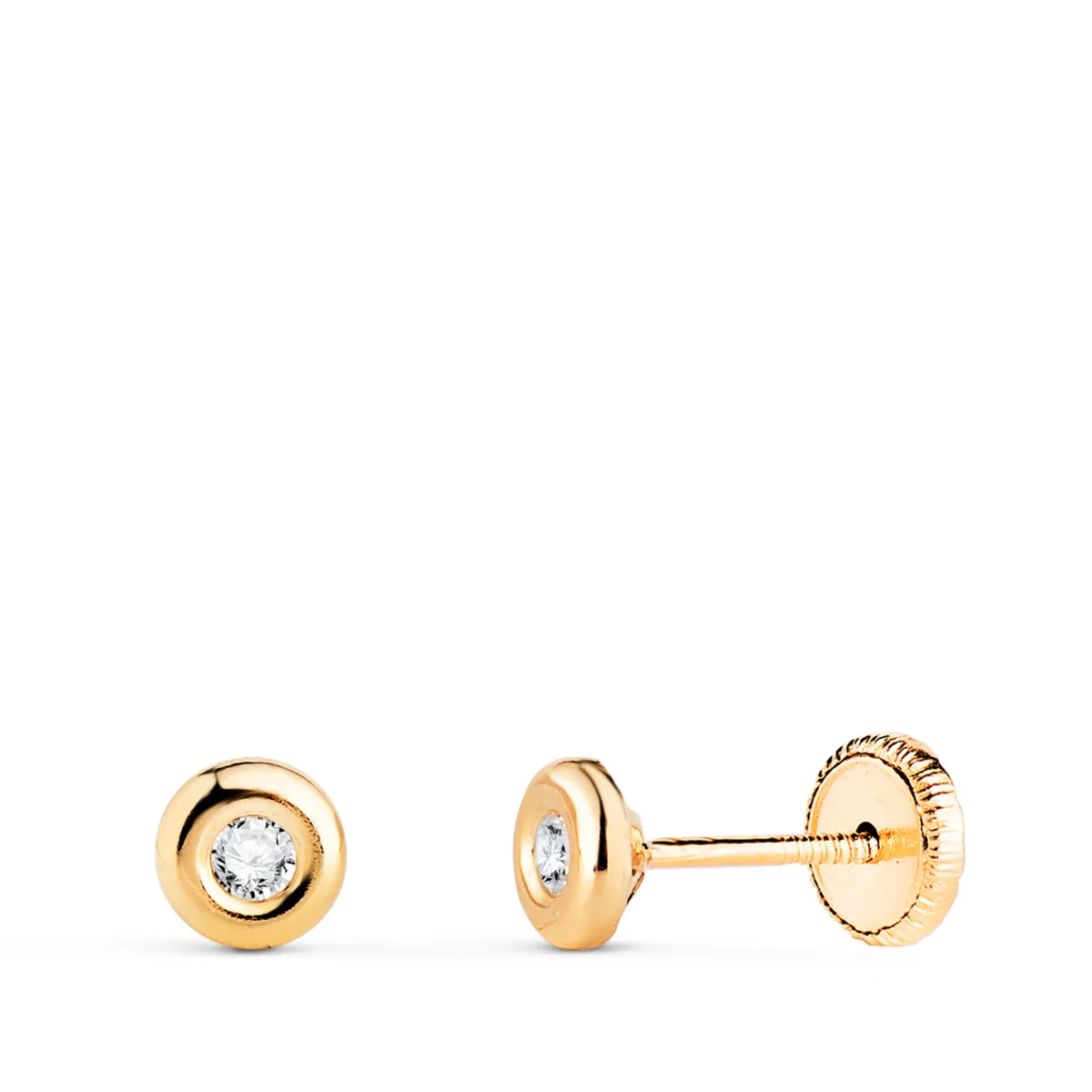 18K PENDIENTES ORO AMARILLO CHATON CON CIRCONITA. MEDIDA: 4MM. CIERRE TUERCA