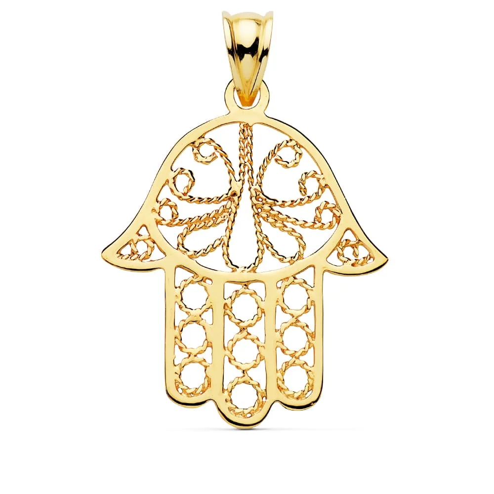 18K COLGANTE AMULETO ORO AMARILLO MANO FATIMA CALADA. MEDIDA: 32 X 29 MM