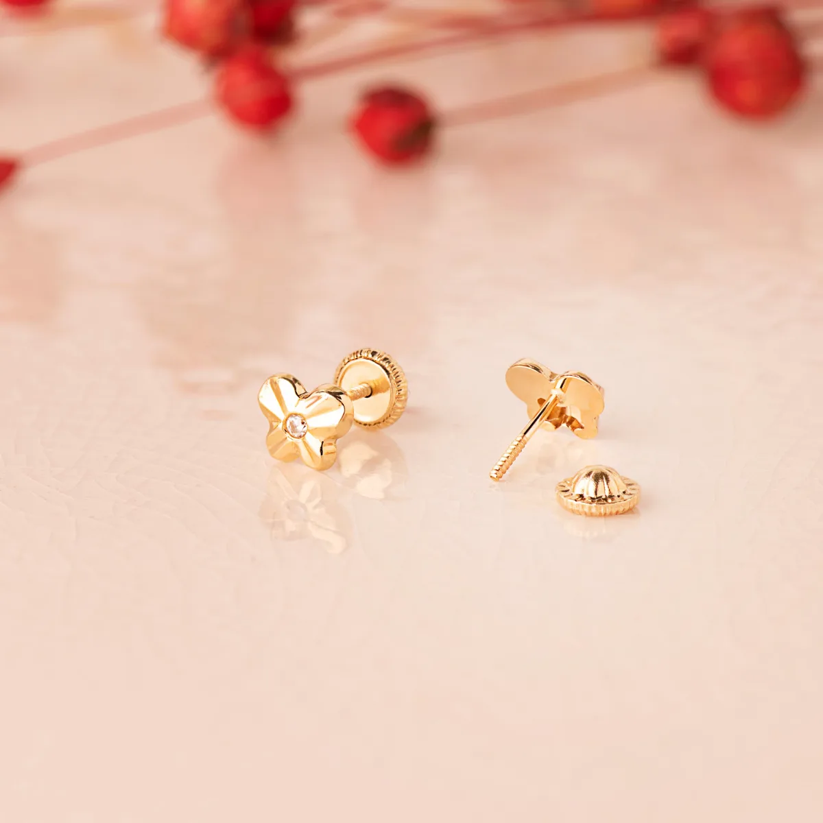 18K PENDIENTES ORO AMARILLO MARIPOSA CON CIRCONITA 6,5 X 5 MM. CIERRE TUERCA — vista 2