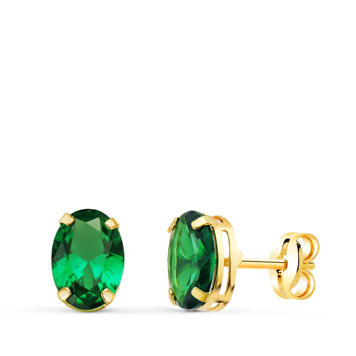 18K PENDIENTES ORO AMARILLO OVAL PIEDRA VERDE 7 X 5 MM. CIERRE PRESION