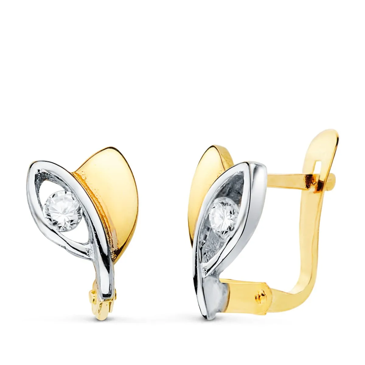 18K PENDIENTES ORO BICOLOR CON CIRCONITA 9X6 MM CIERRE CATALAN