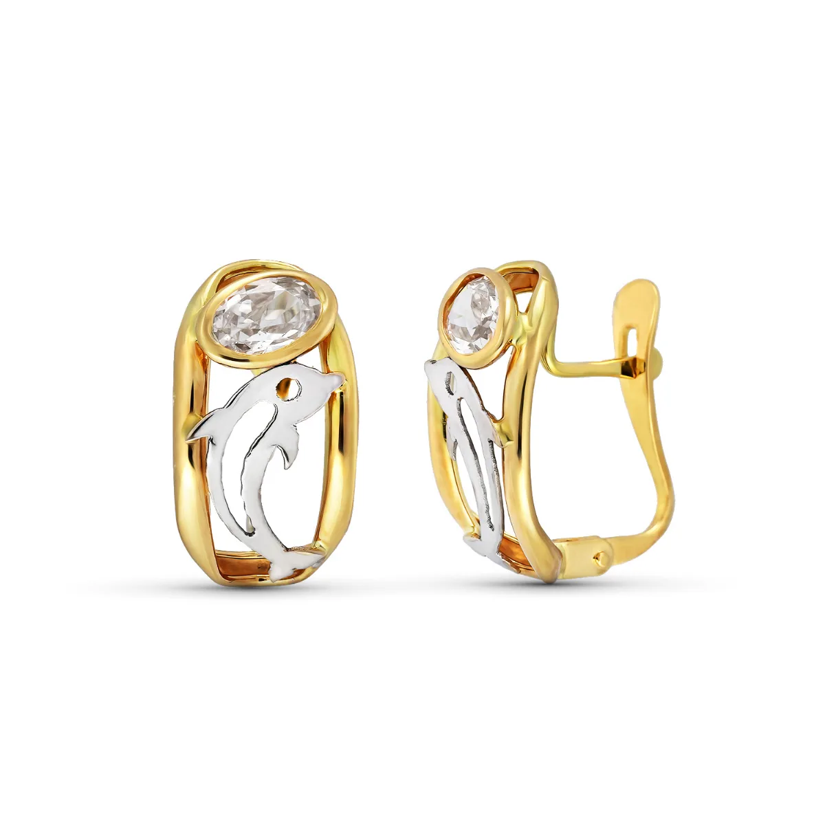 18K PENDIENTES ORO AMARILLO CIRCONITA Y DELFIN 15X8 MM CIERRE CATALAN