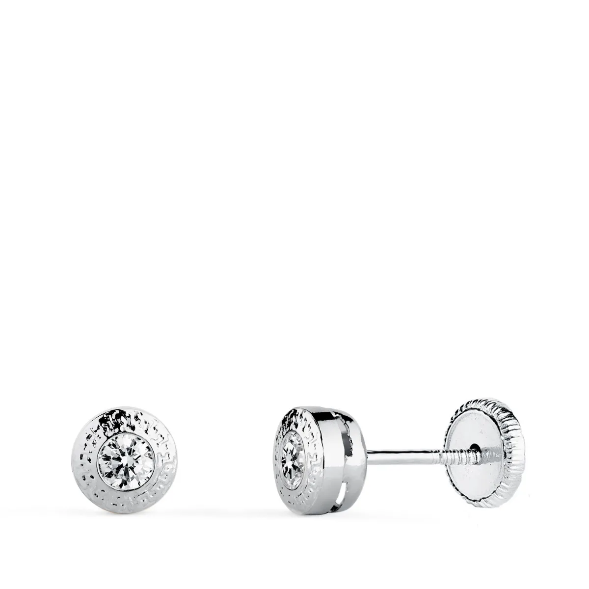 18K PENDIENTES ORO AMARILLO CHATON REDONDOS 5 MM CON GRECA Y  CIRCONITA 3 MM. CIERRE TUERCA