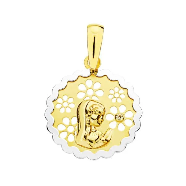 18K MEDALLA ORO BICOLOR VIRGEN NIÑA  CIRCONITA 15 MM