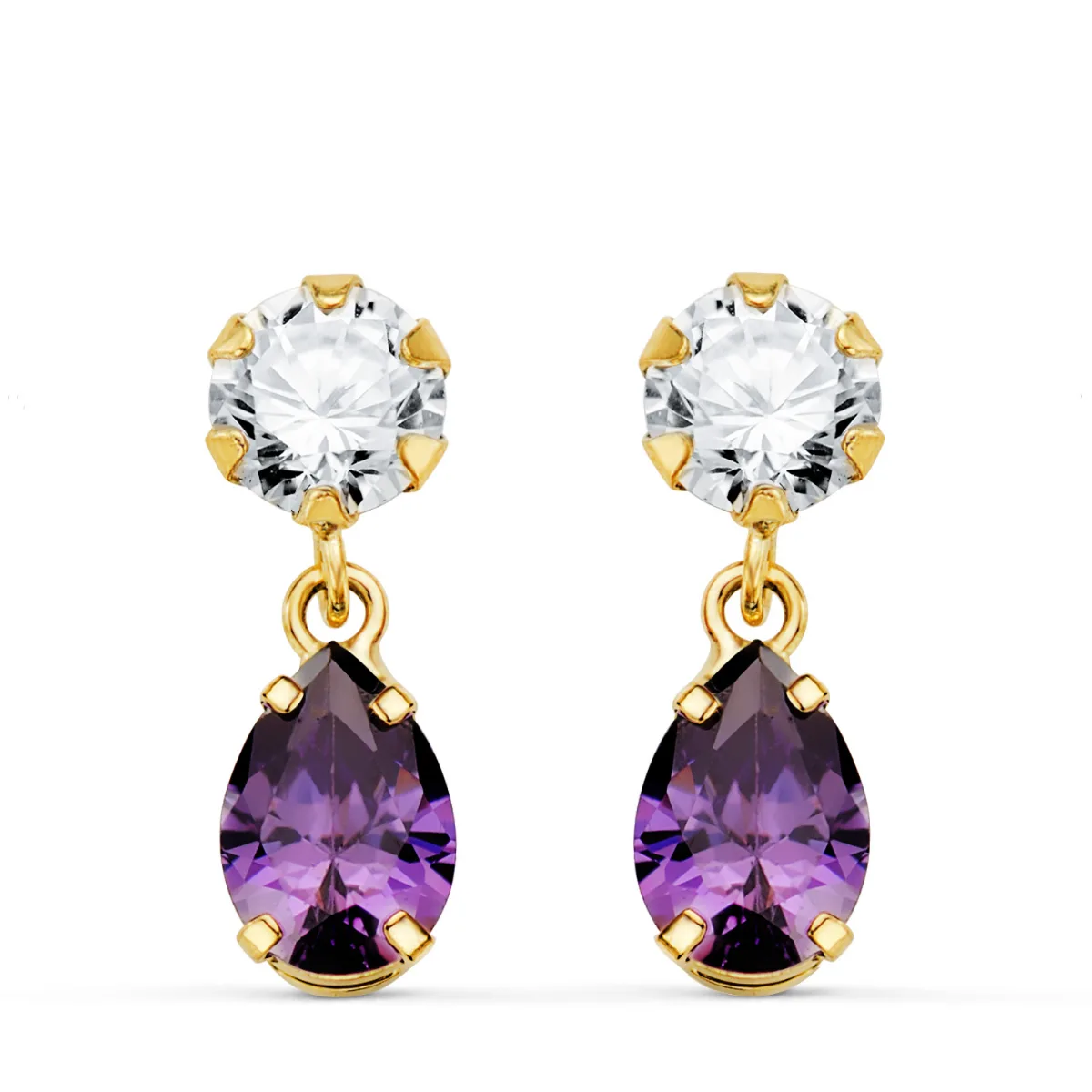 18K PENDIENTES ORO AMARILLO DOS CUERPOS CON CIRCONITA Y AMATISTA LAGRIMA 16 X 5MM. CIERRE PRESION