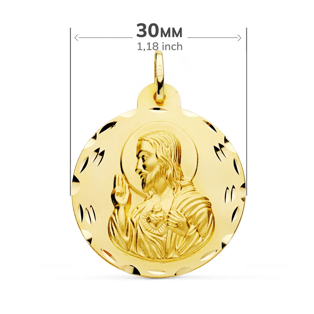 18K ESCAPULARIO ORO AMARILLO TALLADO VIRGEN DEL CARMEN CORAZON DE JESUS 30 MM — vista 3