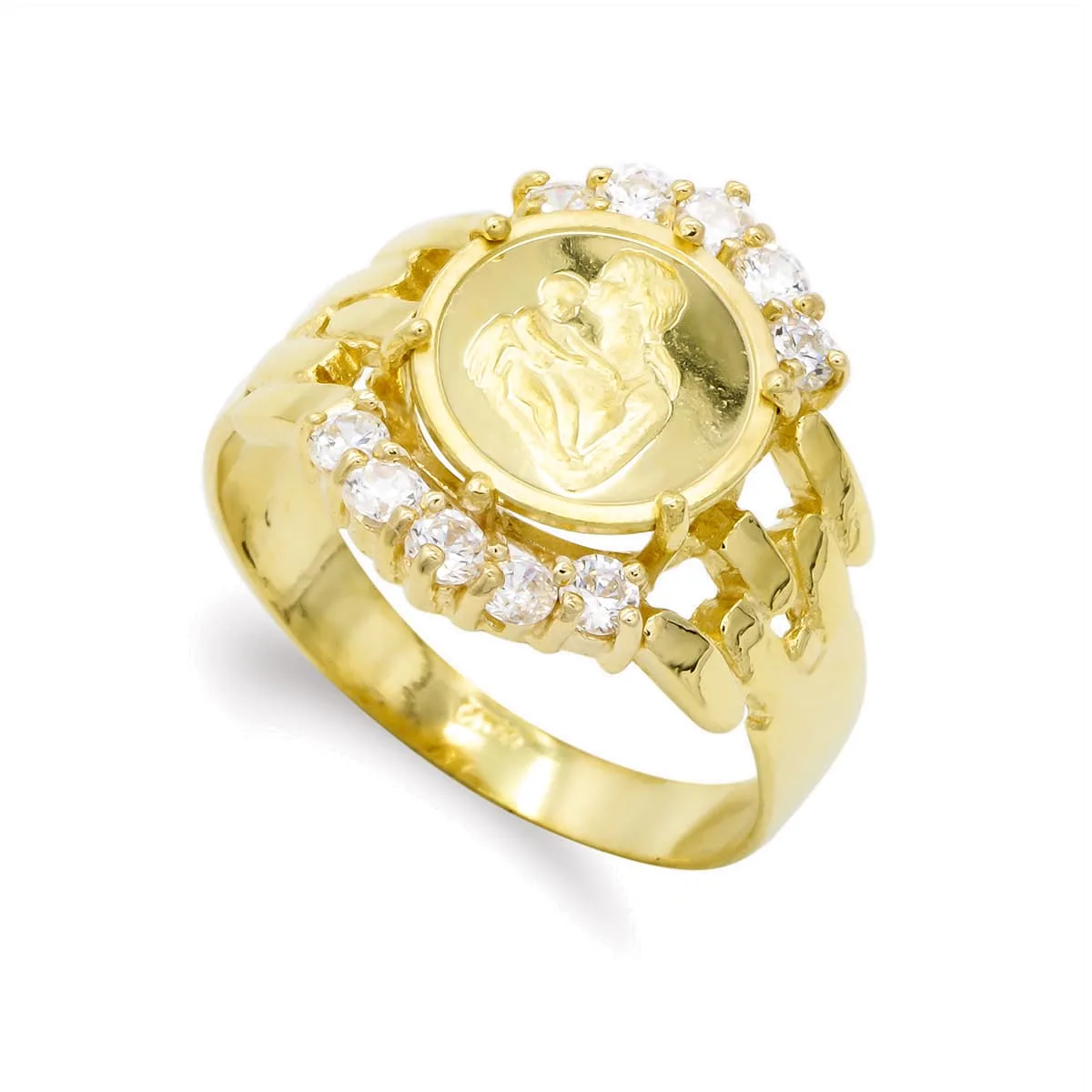 18K SORTIJA ORO AMARILLO MONEDA MADRE CON CIRCONITAS. ANCHO: 16 MM