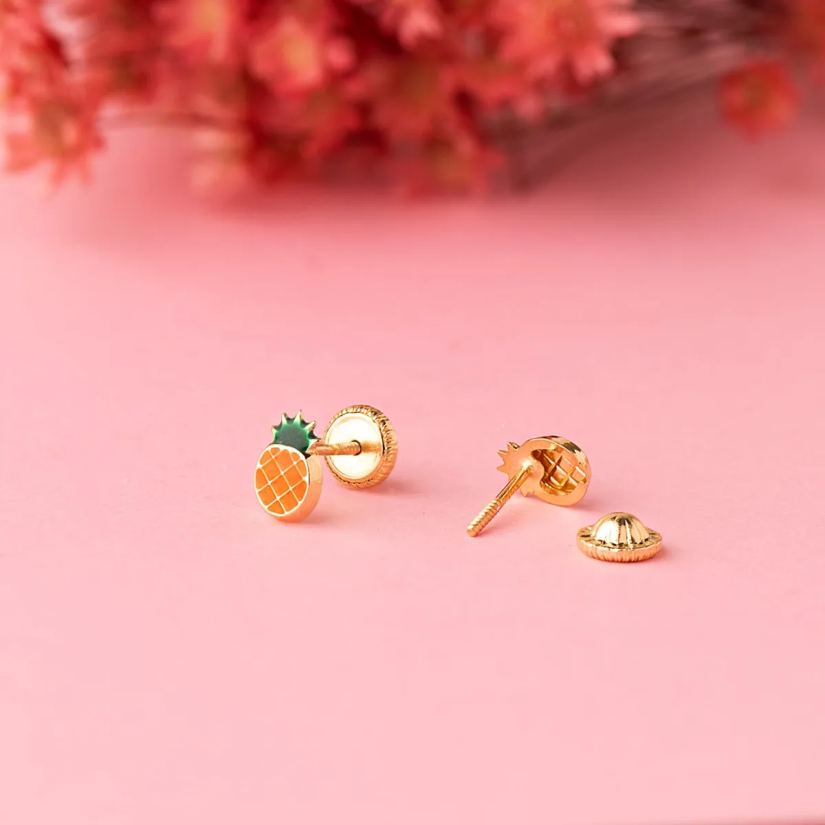 18K PENDIENTES ORO AMARILLO PIÑA ESMALTE NARANJA 6,5 X 4 MM. CIERRE TUERCA — vista 2