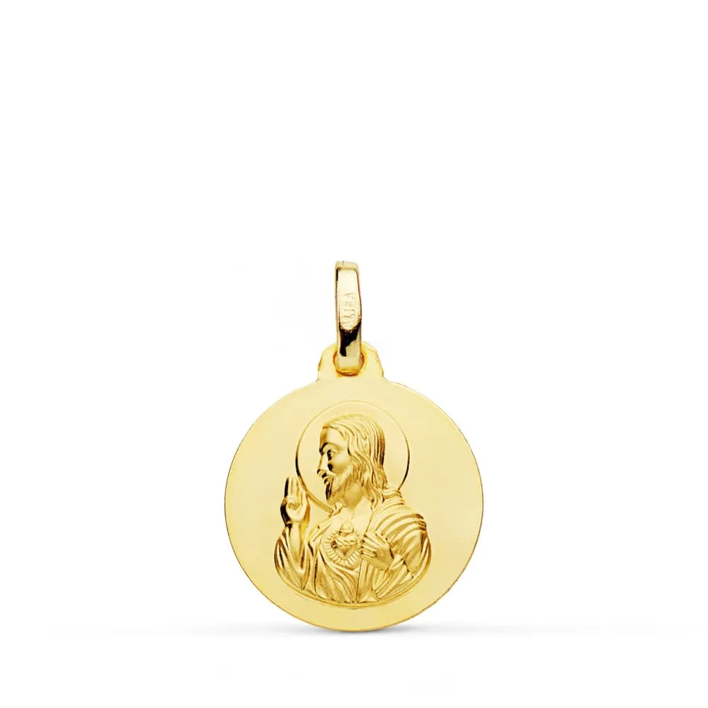 18K MEDALLA ORO AMARILLO CRISTO SAGRADO CORAZON DE JESUS LISO 16 MM