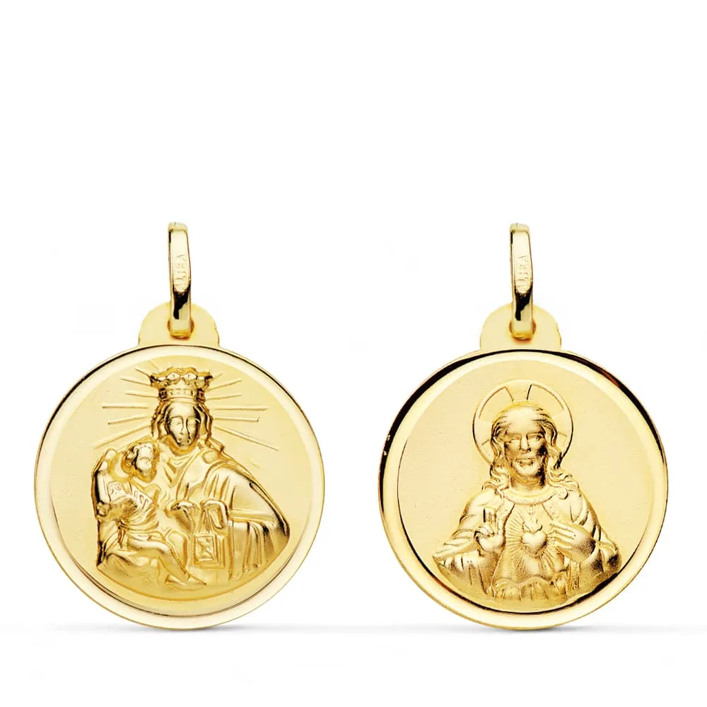 18K ESCAPULARIO ORO AMARILLO VIRGEN DEL CARMEN CORAZON JESUS BISEL 22 MM